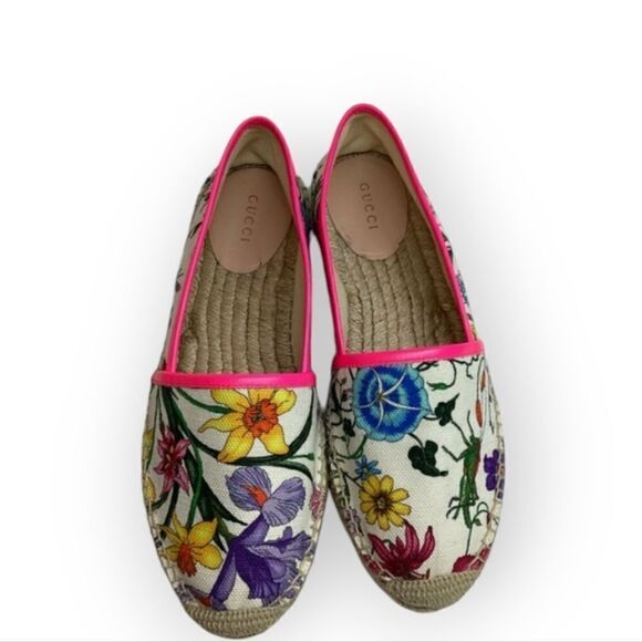 Gucci Flora Neon Trim Espadrilles White multicolor Fuxia Size EU 38 - Picture 1 of 15